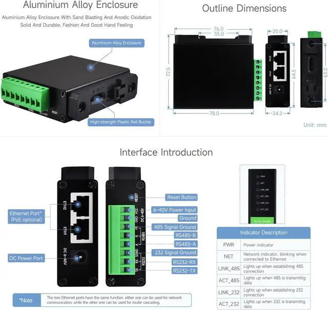 Alt view image 7 of 7 - Waveshare RS232 RS485 to RJ45 Ethernet Serial Server, RS232 and RS485 Dual Channels Independent Operation, Dual Ethernet Ports, PoE Network Port