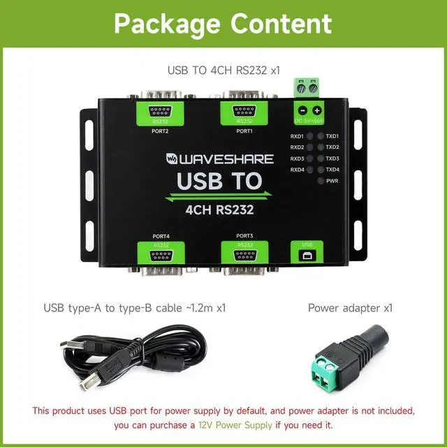 Alt view image 2 of 7 - waveshare Industrial Isolated USB to 4CH RS232 Converter (DB9 Male Interface), Adopts Original FT4232HL Chip, Features High-Speed&Stable Communication, Compatible with Mac/Linux/Android/Windows, etc