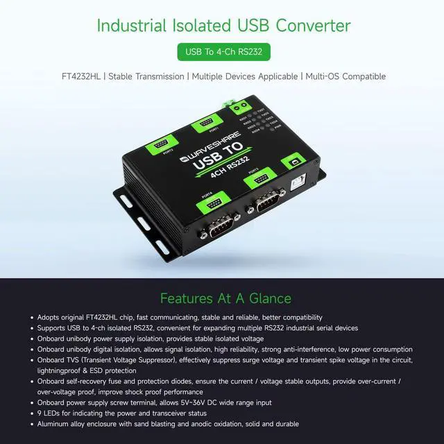 Alt view image 3 of 7 - waveshare Industrial Isolated USB to 4CH RS232 Converter (DB9 Male Interface), Adopts Original FT4232HL Chip, Features High-Speed&Stable Communication, Compatible with Mac/Linux/Android/Windows, etc