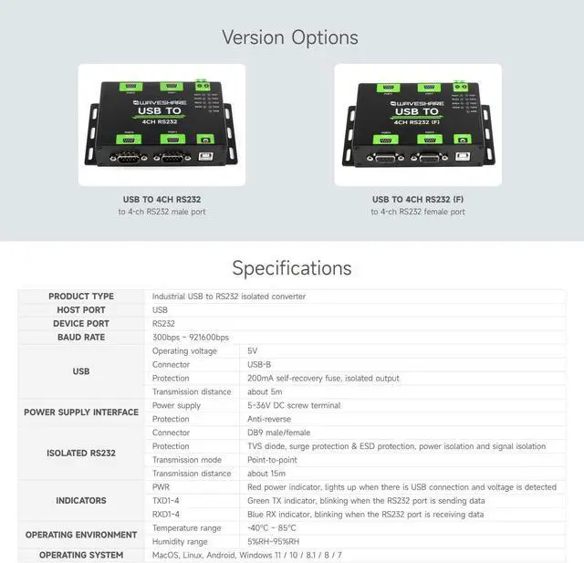 Alt view image 4 of 7 - waveshare Industrial Isolated USB to 4CH RS232 Converter (DB9 Male Interface), Adopts Original FT4232HL Chip, Features High-Speed&Stable Communication, Compatible with Mac/Linux/Android/Windows, etc