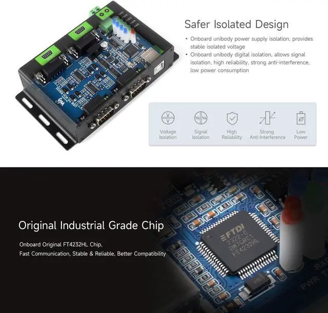 Alt view image 5 of 7 - waveshare Industrial Isolated USB to 4CH RS232 Converter (DB9 Male Interface), Adopts Original FT4232HL Chip, Features High-Speed&Stable Communication, Compatible with Mac/Linux/Android/Windows, etc