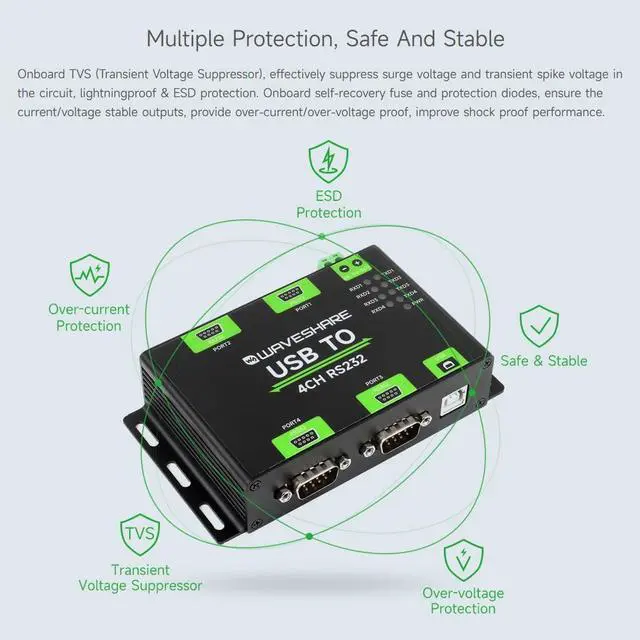 Alt view image 6 of 7 - waveshare Industrial Isolated USB to 4CH RS232 Converter (DB9 Male Interface), Adopts Original FT4232HL Chip, Features High-Speed&Stable Communication, Compatible with Mac/Linux/Android/Windows, etc