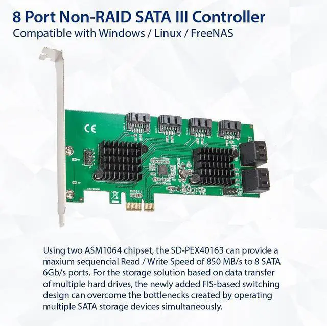 Alt view image 2 of 6 - Syba 8 Port SATA III to PCIe 3.0 x1 Non-RAID Expansion Card Dual ASM1064 Low Profile Bracket,SD-PEX40163