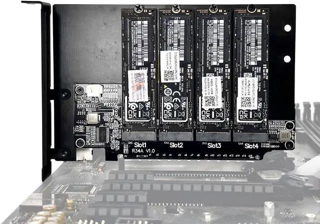 Alt view image 5 of 7 - JMT ADT-R34A PCIe5.0 x16 to 4-Port M.2 NVMe Hard Disk Split Card 4x128Gbps 1 to 4 Expansion Adapter Compatible with Gen3 Gen4 Gen5 (R34A)