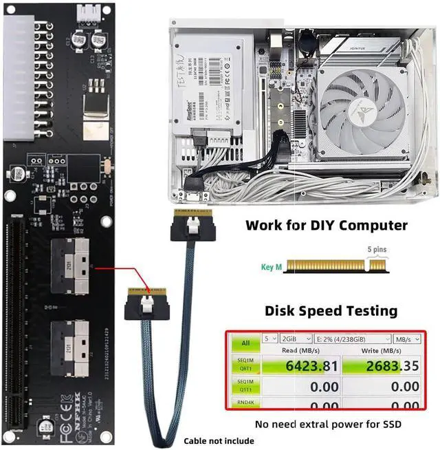 Alt view image 2 of 7 - Dual Slimline 8X SFF-8654 74Pin VROC to PCIE PCI-Express 16x Adapter with 24Pin Power Switch Port for Mainboard Graphics Card
