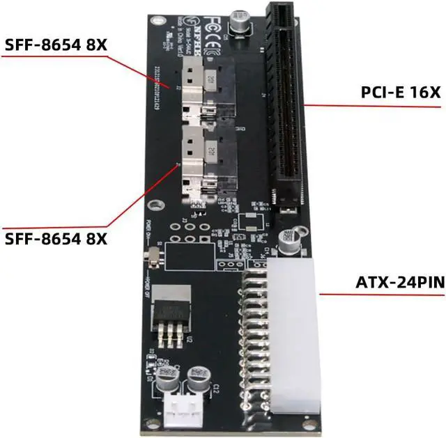 Alt view image 6 of 7 - Dual Slimline 8X SFF-8654 74Pin VROC to PCIE PCI-Express 16x Adapter with 24Pin Power Switch Port for Mainboard Graphics Card