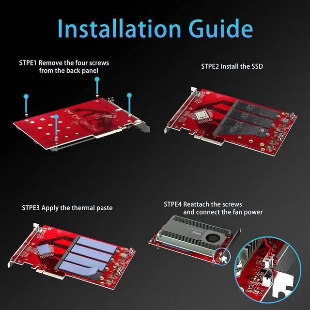 Alt view image 7 of 7 - Databank M4 Support 4 Port M.2 SSD Expension Card PCIe 3.0 x 16 PCIe Adapter Card, RAID Controller Card Broadcom PEX-8724, Support Non-Bifurcation Motherboard, with Active Cooling Fan