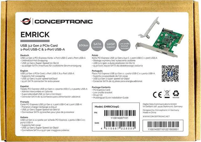 Alt view image 2 of 2 - Conceptronic USB 3.2 GEN 2 PCIE Card, 1-Port USB, EMRICK09G