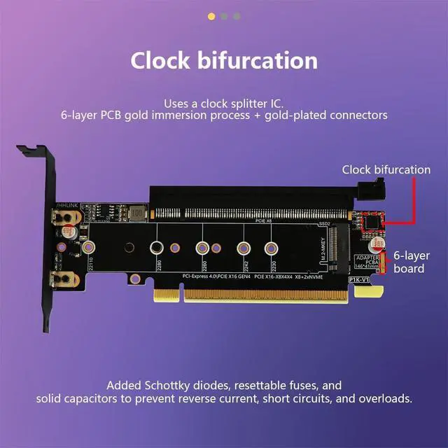 Alt view image 7 of 7 - JMT PCIe 4.0 x16 to PCIe x8 + 2* M.2 Mkey Splitter Card Support X8X4X4 PCIe-Bifurcation Compatible with NVMe M Key 2230 2242 2260 2280 22110 SSD (PCB Board)