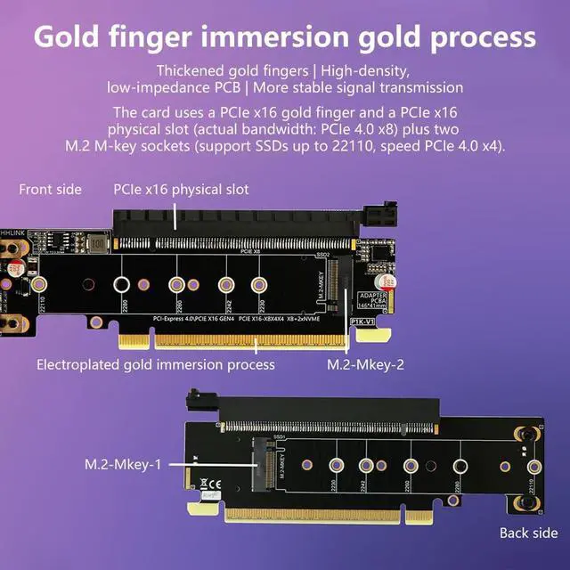 Alt view image 5 of 7 - JMT PCIe 4.0 x16 to PCIe x8 + 2* M.2 Mkey Splitter Card Support X8X4X4 PCIe-Bifurcation Compatible with NVMe M Key 2230 2242 2260 2280 22110 SSD (PCB Board)