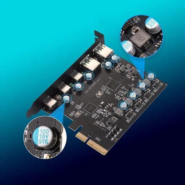 Alt view image 4 of 5 - JMT Expansion Card with 5 Ports Type-A Dual USB C PCI-e USB 3.2/3.1/2.0 Super-Speed USB3.2 Gen 2x1 Adapter Card for Desktop 10Gbps (3*USBC 2*USB3.2)