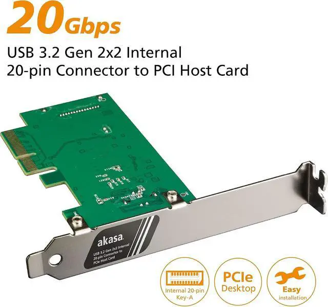 Alt view image 2 of 7 - Akasa USB 3.2 Gen 2x2 Internal 20 Pin Connector to PCIe Host Card, 20Gbps SuperSpeed Data Transfer, PCIe 3.0 x4 x8 x16 Slot, Integrated SATA Power Connector, Supported