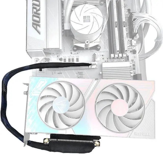 Alt view image 5 of 6 - JMT 180 Degree 64GBS PCIE 5.0 X16 Graphics Card Extension Cable 180-Degree GEN5 Braided Mesh Harness Riser for AI Server Graphics Card Bendable GPU Adapter 16AB5 (40CM,Left Out Left in)