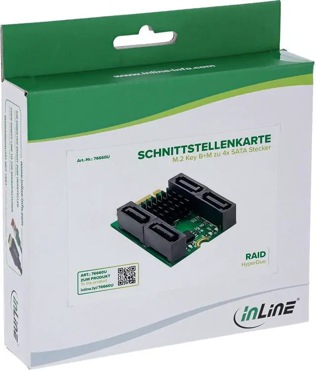 Alt view image 7 of 7 - InLine® Interface Card M.2 Key B+M Male to 4X SATA Male RAID HyperDuo 76660U