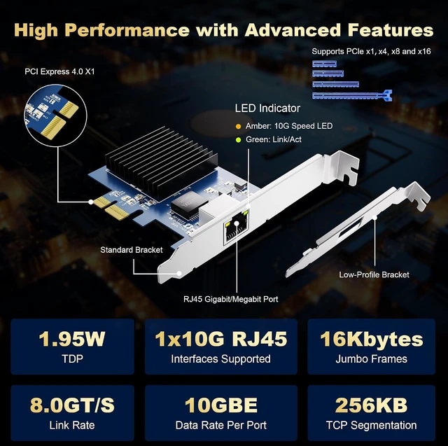 Alt view image 2 of 6 - 10Gb PCIe Network Card, Realtek RTL8127 10G RJ45 Ethernet Adapter