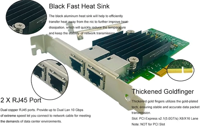 Alt view image 4 of 4 - 10Gb PCIe x8/x16 Converged Ethernet Network Card, Dual Copper RJ45 Ports LAN Card NIC with Intel X540 Controller Server Support Windows Server/Windows/Linux/Vmware ESXI (X540-AT2 (RJ45 Port x 2))