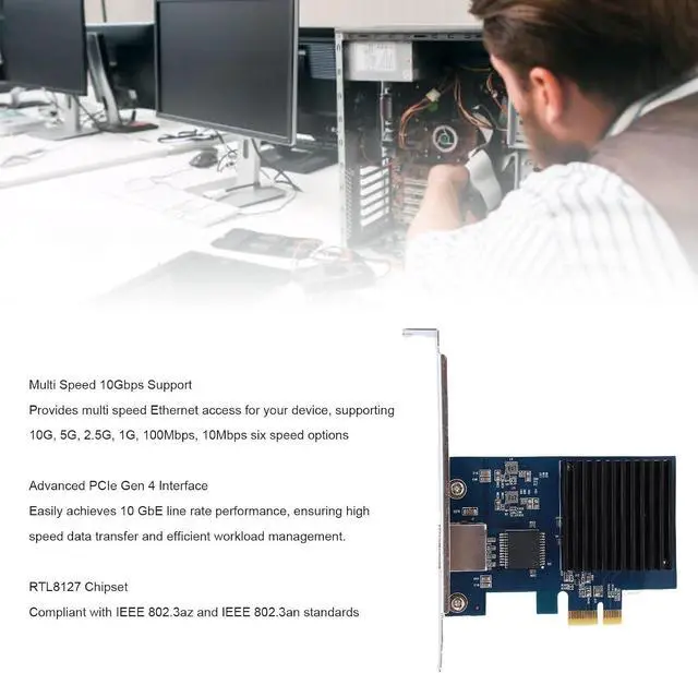 Alt view image 2 of 7 - Generic 10G PCIe Network Card, RTL8127 Chipset 10 Gigabit Ethernet Adapter with PCI Express Gen 4 X1 Slot, for Server Desktop