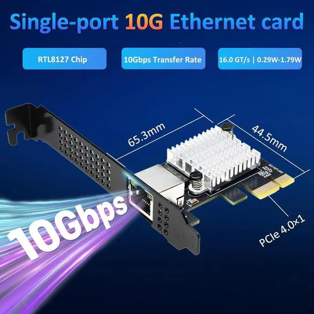 Alt view image 2 of 7 - 10G PCIe Network Card with Single Port PCIe 4.0 X1 RJ45,10 Gigabit Ethernet Adapter with Realtek8127(PXE) Multi-Gigabit Network Speeds 10G/5G/2.5G/1Gbps for Servers PCs Windows Linux