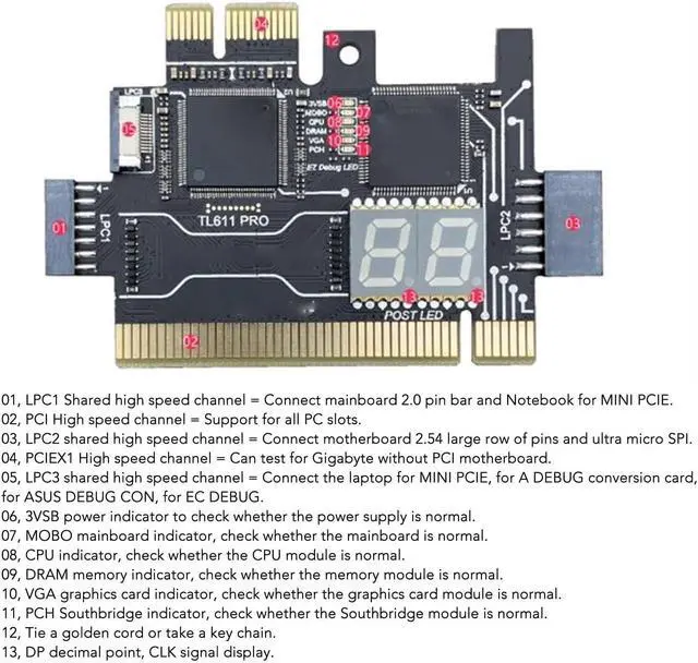 Alt view image 6 of 7 - Pyhodi TL611 Pro Multipurpose Mainboard Debug Card, Laptop EC DEBUG Adapter Card Compatible with Asus, HP, MSI, Gigabyte, Support PCI E,Mini PCI E,LPC, Easy to Use, Reliable Performance