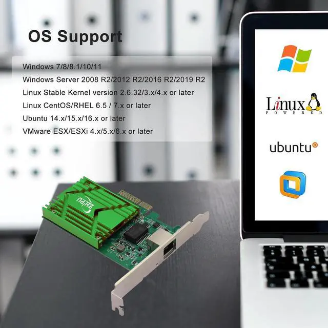 Alt view image 3 of 7 - PCIex4 10G RJ45 Ethernet Network Adapter, Single-Port RJ45 NIC Network Card, 10/100/1000M/2.5G/5G/10Gbps Data Rate, Support Windows Server/Windows/Linux/Ubuntu, Green
