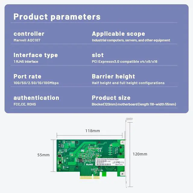 Alt view image 6 of 7 - 10 Gb Network Card with Marvell AQC107 Chip Single Port,PCIE Ethernet Card Network Adapter 1 RJ45 Port LAN Network Adater Controller Support WOLPCIE X4