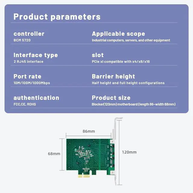 Alt view image 7 of 7 - 1 Gb PCI-E Network Card with Broadcom BCM5720,10/100//1000mbps Dual Ports Network Adapter PCI Express Low Profile,Full Height Bracket Ethernet Card for Desktop PC,Server,Industrial PC