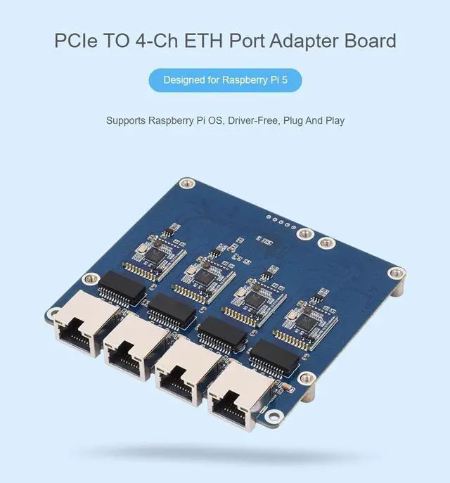 Alt view image 2 of 7 - PCIe to 4-Ch Gigabit / 2.5G ETH Board (B) for Raspbery Pi 5, Supports Raspbery Pi OS, Driver-Free, Plug and Play (4-ch 2.5G ETH)