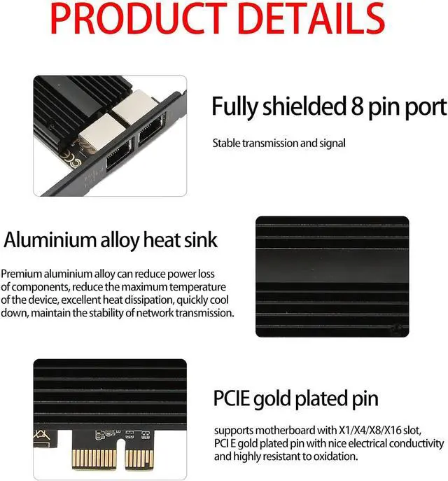 Alt view image 6 of 7 - PCIe Network Card 2.5Gbps Dual Port I226-V Chip Gigabit Ethernet Adapter RJ45 LAN Card for Desktop Server PC Aluminum Alloy Includes Low Profile Bracket