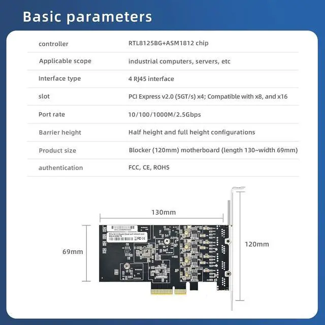 Alt view image 3 of 7 - Quad-Port 2.5gb Gigabit Network Card with RTL8125B PCIe X4 Ethernet Adapter 4*RJ45 Port LAN INC Cards Support ESXi, Soft Routing, PXE Boot, Network Aggregation Server