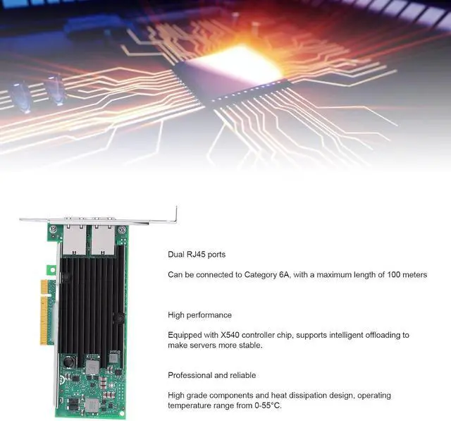 Alt view image 3 of 7 - Dual RJ45 Port PCIe Network Card, X540T2 Controller for Server, with Intelligent Offloading and Heat Dissipation Design, Compatible with i iSCSI FCoE NFS
