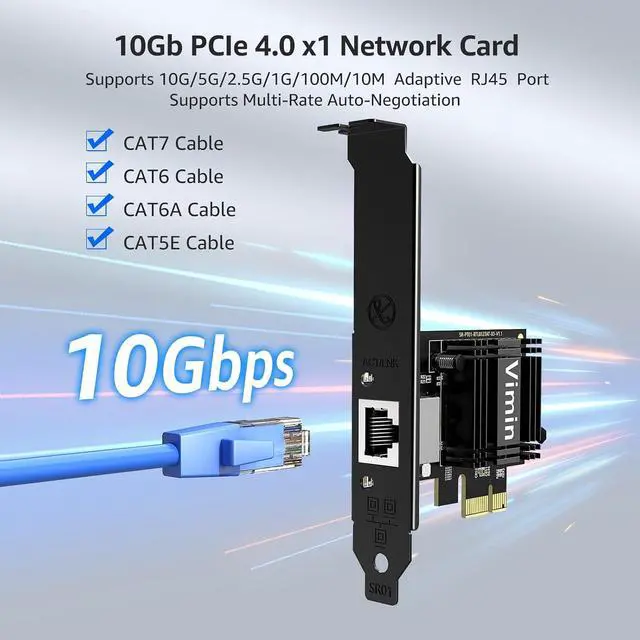 Alt view image 2 of 7 - VIMIN 10G PCIe 4.0 x1 Network Card with Realtek RTL8127AT | support for 10G/5G/2.5G/1G/100M speedsx1, x4, x8, and x16 PCIe slots for maximum installation flexibility