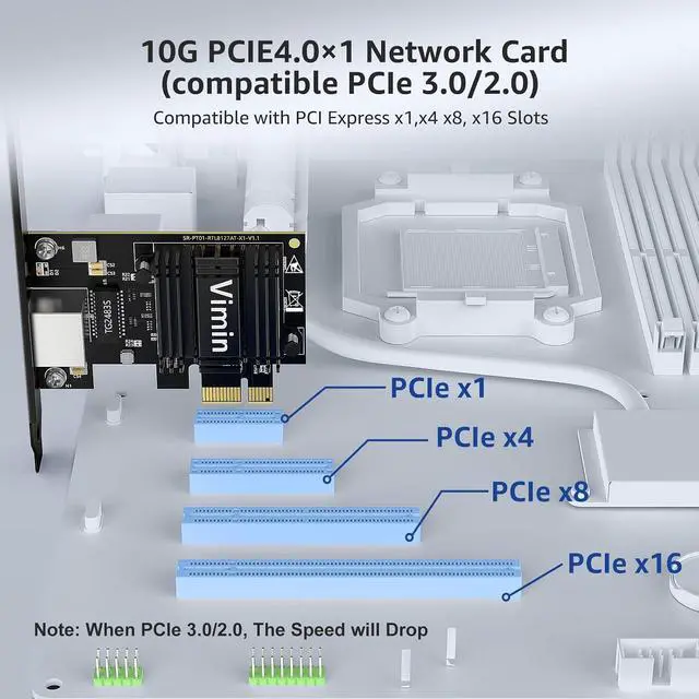 Alt view image 4 of 7 - VIMIN 10G PCIe 4.0 x1 Network Card with Realtek RTL8127AT | support for 10G/5G/2.5G/1G/100M speedsx1, x4, x8, and x16 PCIe slots for maximum installation flexibility