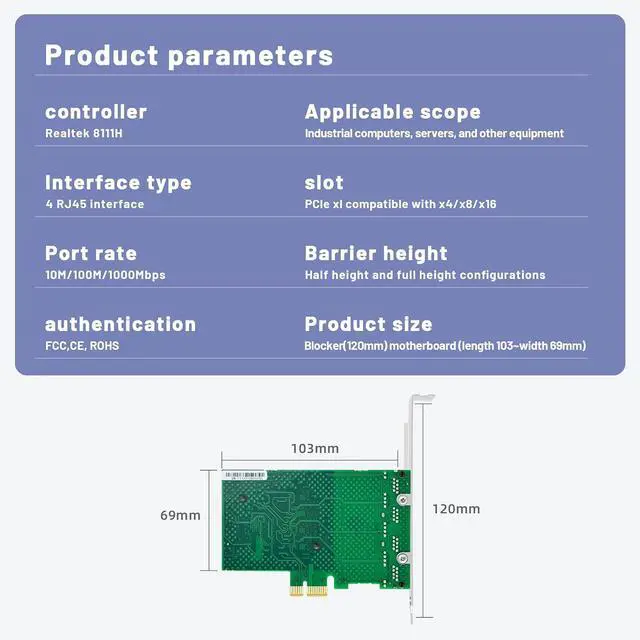 Alt view image 7 of 7 - 1 Gb PCI-E Network Card with Realtek RTL8111H Chipset,Adaptive 10/100/1000Mbps Speed Pci Express 4 RJ45 Ports,Ethernet Card Pcie Nic Card Supports Windows/Linux