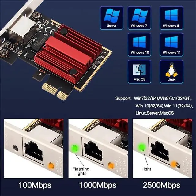 Alt view image 4 of 7 - 2500Mbps PCI-E to RJ45 Network Card RTL8125B Chip 100/1000Mbps Gigabit Ethernet Wired LAN Controller Adapter for Win7/8/10/11(Black RTL8111)