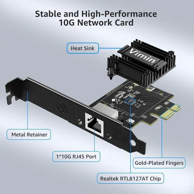 Alt view image 7 of 7 - VIMIN 10G PCIe 4.0 x1 Network Card with Realtek RTL8127AT | support for 10G/5G/2.5G/1G/100M speedsx1, x4, x8, and x16 PCIe slots for maximum installation flexibility