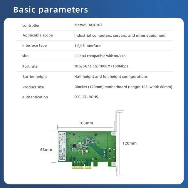 Alt view image 2 of 7 - 10GBASE-T Single Port Server Network Card, PCIe X4 Interface with Marvell AOC107 Chip, Gigabit Ethernet Adapter for Servers/Workstations