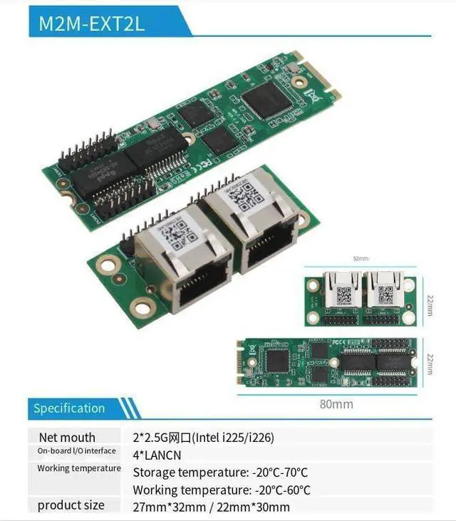 Alt view image 2 of 2 - M. 2-to-2.5G Ethernet Port Inte i226 Network Card M.2 2280 Interface Dual 2.5G Ethernet Port Expansion Card