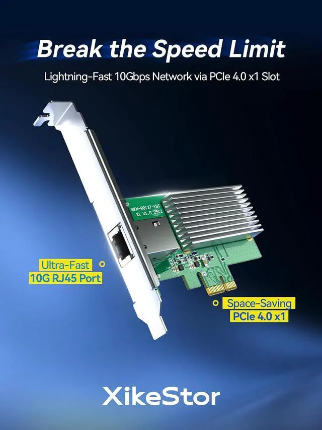 Alt view image 2 of 7 - 10Gb PCIe 4.0 x1 Network Card 10GBase-T RJ45 LAN NIC Adapter | RTL8127AT chip, aluminum heatsink,, full-height and low-profile brackets for PC, NAS, servers
