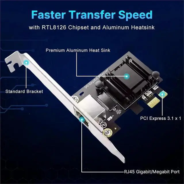 Alt view image 3 of 7 - 5G PCI-E to RJ45 Network Card 8126 1000/2500/5000Mbps RJ45 Interface Gigabit Ethernet PCI Express X1 X4 X8 X16 Adapter
