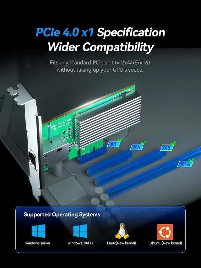 Alt view image 5 of 7 - 10Gb PCIe 4.0 x1 Network Card 10GBase-T RJ45 LAN NIC Adapter | RTL8127AT chip, aluminum heatsink,, full-height and low-profile brackets for PC, NAS, servers