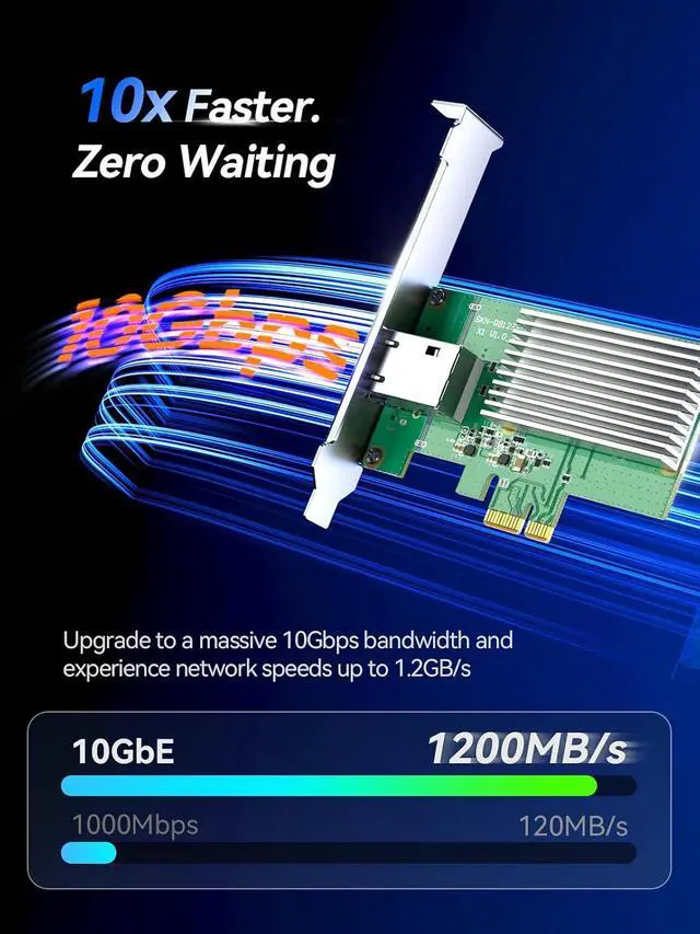 Alt view image 4 of 7 - 10Gb PCIe 4.0 x1 Network Card 10GBase-T RJ45 LAN NIC Adapter | RTL8127AT chip, aluminum heatsink,, full-height and low-profile brackets for PC, NAS, servers