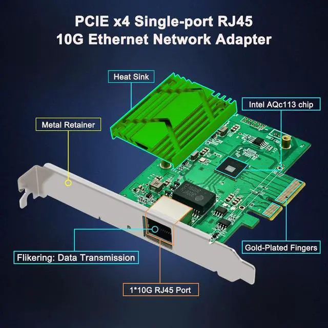 Alt view image 2 of 6 - PCIe x4 10G Ethernet Network Adapter Single-Port RJ45 Support 2.5G/5G/10G,Windows/Linux/Ubuntu/VMware Compatible,Low Power Consumption