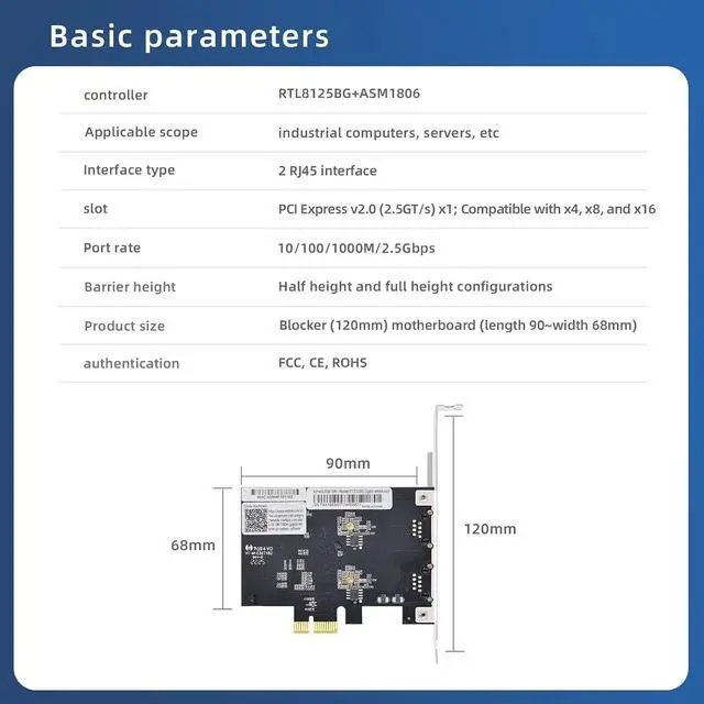 Alt view image 3 of 7 - Dual-Port PCI-E X1 2.5GB Gigabit Network Card - RTL8125BG+ASM1806 chip 2500M Ethernet Adapter Dual RJ45 Ports LAN NIC Card, Support ESXi PXE Boot, Soft Routing, Network Aggregation Server