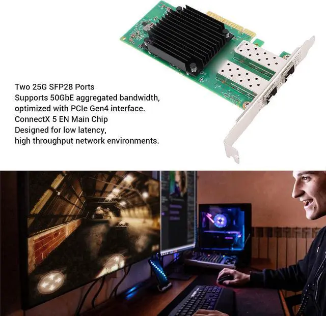 Alt view image 3 of 7 - Diyeeni 2 Port Ethernet Network Card 25G SFP28 PCIe Network Adapter with ConnectX5EN Chip for Data Center Cloud Computing VMware