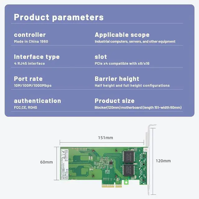Alt view image 7 of 7 - 1 Gb Network Card with 1860 Chip Quad Ports,Gigabit PCIE Ethernet Adapter LAN NIC Card 4 RJ45 Ports PCI- E X4 Ethernet Card for Machine Vision, Industrial Cameras