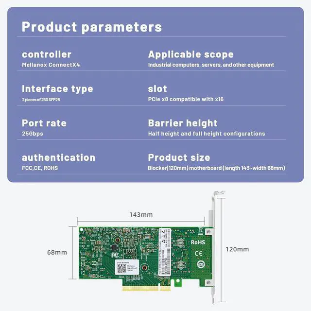 Alt view image 7 of 7 - 25Gb Dual SFP28 Fiber Optic Network Card with Mellanox ConnectX4 Lx Chip,PCIE X8 2 Optical Ports Ethernet Adapter Support Windows Server/Linux/Vmware