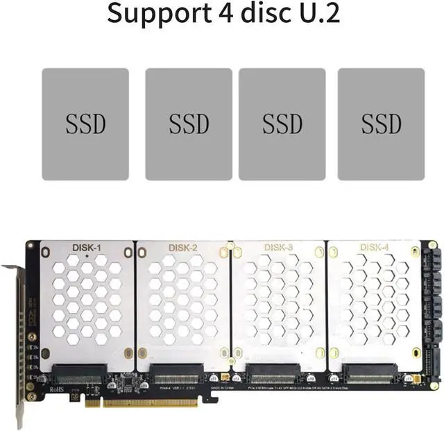 Alt view image 3 of 7 - 4Slot SFF8639 NVMe Solid Disk to pieceIe X16 Expansion Card, Piece Internal Conversion with Heat Dissipation Pattern