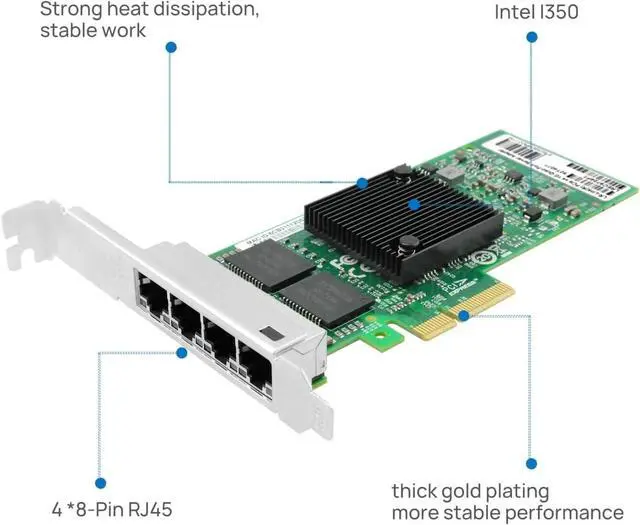 Alt view image 3 of 6 - PCIe x4 Quad-Port Copper Gigabit Server Network Adapter