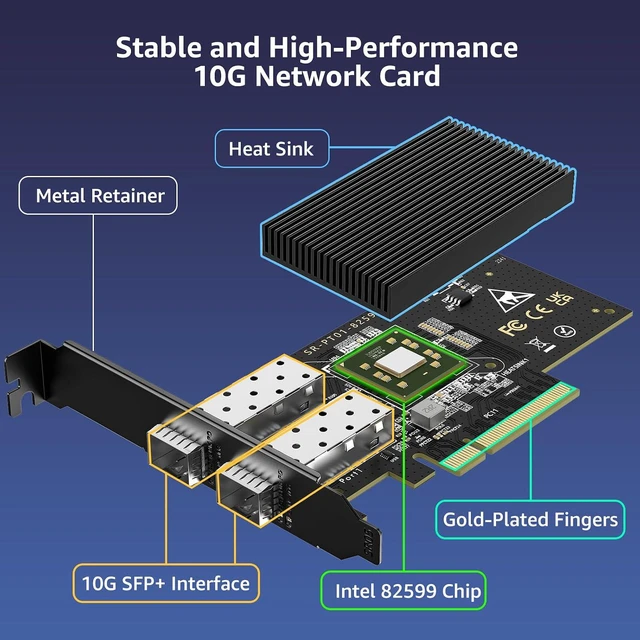 Alt view image 5 of 7 - 10Gb PCIe Network Card, Dual 10Gbps SFP+ Port, 10G NIC with 82599(X520-DA2) Chip, 10G Ethernet LAN Adapter Support Windows7/8/10/11/Linux/VMware, Compatible with PCI Express X8 & X16