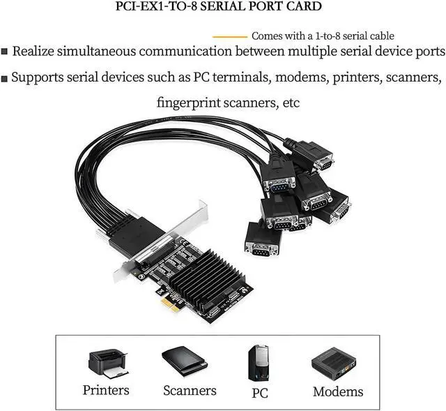 Alt view image 6 of 7 - PCI-E X1 to 8Port RS232 Serial Adapter Card VHDCI 68 to DB9 Port Extender for Desktop X4 X8 X16 Slot